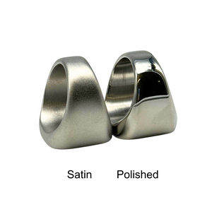 Matte satin and polished stainless steel signet ring finishes shown side by side