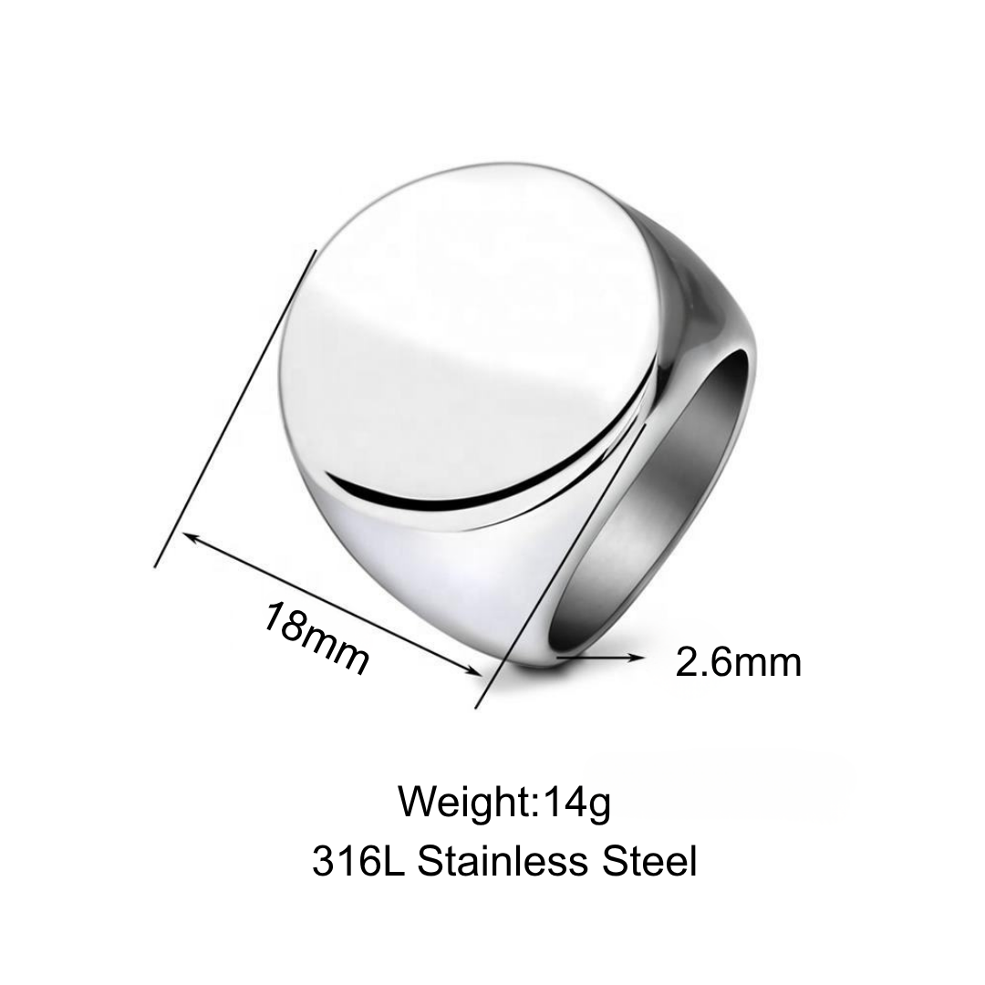 Round 316L stainless steel signet ring specifications: 18 mm face and 14 g weight