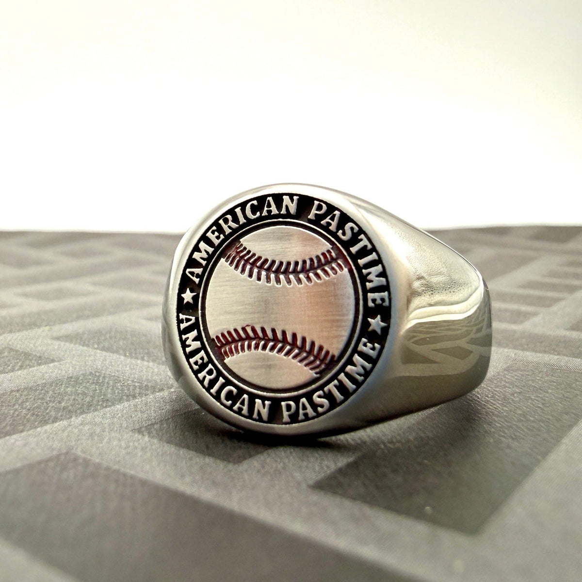 American Pastime baseball stainless steel signet ring with engraved red stitching