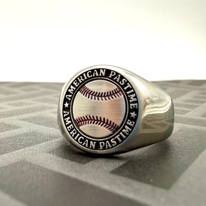 American Pastime baseball stainless steel signet ring with engraved red stitching